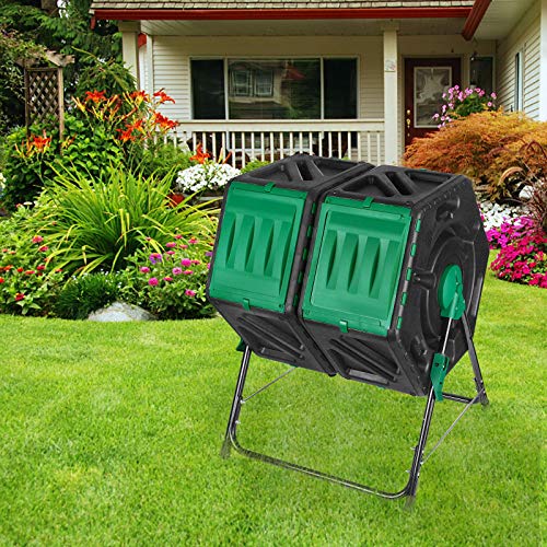 Dual Chamber Grow Tumbling Composter Tumbler Twin Compartment Chamber Outdoor Garden Steel Rotating Batch Compost Bin 2 Sliding Doors