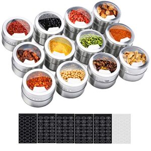 ilebygo magnetic spice tins 12pcs stainless steel spice jars storage spice containers,clear top lid with sift or pour,120 spice stickers,magnetic on refrigerator and grill
