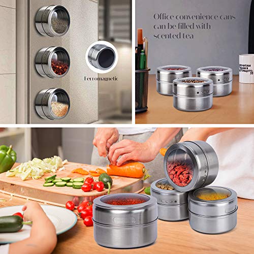 ILEBYGO Magnetic Spice Tins 12pcs Stainless Steel Spice Jars Storage Spice Containers,Clear Top Lid with Sift or Pour,120 Spice Stickers,Magnetic on Refrigerator and Grill