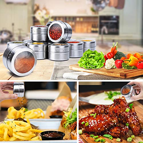 ILEBYGO Magnetic Spice Tins 12pcs Stainless Steel Spice Jars Storage Spice Containers,Clear Top Lid with Sift or Pour,120 Spice Stickers,Magnetic on Refrigerator and Grill