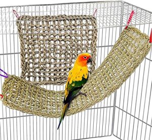 bird seagrass mat,natural seagrass woven net bird foraging chew wall toys parakeet hammock mat with hooks for lovebird cockatiel conure budgie,size 28.3" x 6.7" and 11.81" x 11.81"(2 pcs)