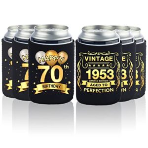 greatingreat 70th birthday can cooler sleeves pack of 12-70th anniversary decorations- vintage 1953-70th birthday party supplies - black and gold seventieth birthday cup coolers