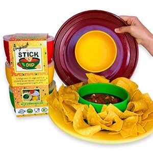 Chip and Dip Serving Set - Stick & Dip Salsa Serving Bowls Set of 3 with Fiesta Colors for Taco Party Dipping Sauce Bowls w/ Lids - Unbreakable Silicone with Suction Bottom for Guacamole or Queso