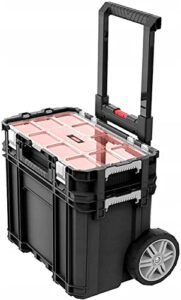 keter mobile hawk cart and stackable tool box system and organizer with telescopic comfort grip handle - perfect organization and storage chest for power drill, tape measure, and small parts