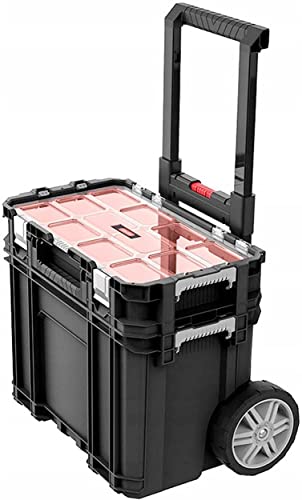 Keter Mobile Hawk Cart and Stackable Tool Box System and Organizer with Telescopic Comfort Grip Handle - Perfect Organization and Storage Chest for Power Drill, Tape Measure, and Small Parts