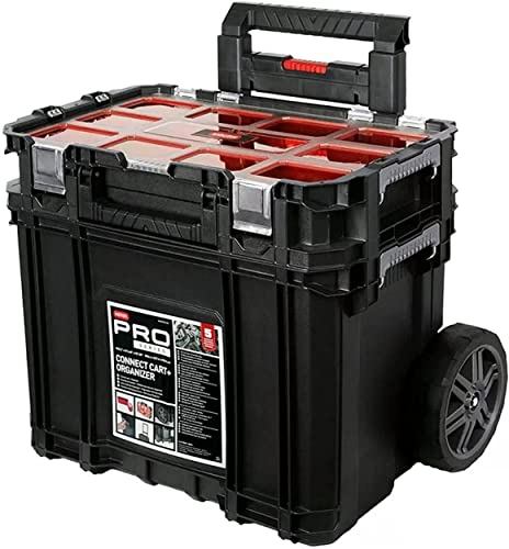 Keter Mobile Hawk Cart and Stackable Tool Box System and Organizer with Telescopic Comfort Grip Handle - Perfect Organization and Storage Chest for Power Drill, Tape Measure, and Small Parts