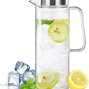 Glass Pitcher with Lid, 34 Oz Heat Resistant Glass Water Carafe with Handle for Fridge, Small Pitcher for Iced Tea, Milk, Hot and Cold Beverage, Glass Juice Jug 1000ML/34oz