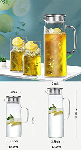 Glass Pitcher with Lid, 34 Oz Heat Resistant Glass Water Carafe with Handle for Fridge, Small Pitcher for Iced Tea, Milk, Hot and Cold Beverage, Glass Juice Jug 1000ML/34oz