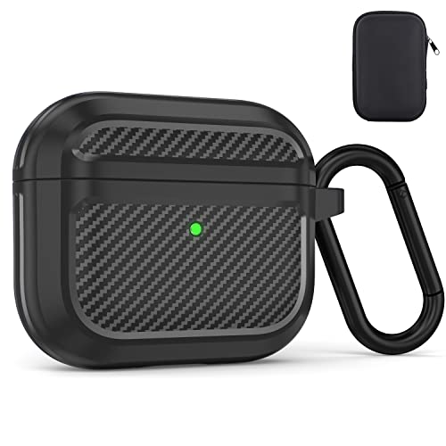 Aiiko Airpod 3rd Generation Case, Airpods Gen 3 Case for Men with Keychain Carbon Fiber Military Armor Series Protective Air Pods Case Cover for Apple Airpods Third Generation Charging Case- Black