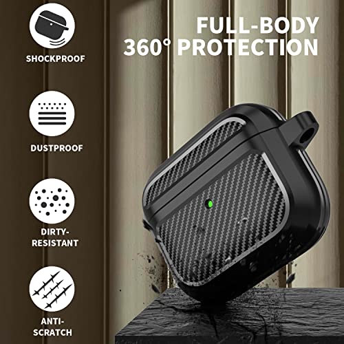 Aiiko Airpod 3rd Generation Case, Airpods Gen 3 Case for Men with Keychain Carbon Fiber Military Armor Series Protective Air Pods Case Cover for Apple Airpods Third Generation Charging Case- Black