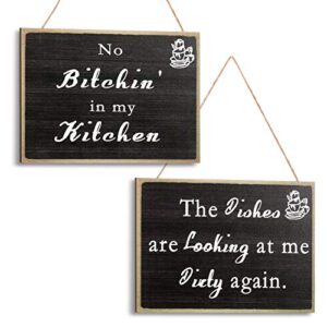 jetec 2 pieces funny kitchen signs no bitchin' in my kitchen the dishes are looking at me dirty again wood sign farmhouse kitchen wall decor for home housewarming kitchen decor, 12 x 8 inch