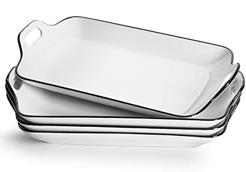 AnBnCn Porcelain Serving Platter with Handles - Set of 4, Versatile White Serving Plates for Dessert, Sushi Rolls, Party or Daily Use - Rectangle,12 Inch