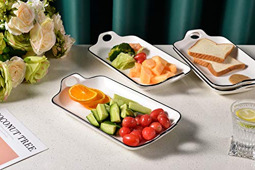 AnBnCn Porcelain Serving Platter with Handles - Set of 4, Versatile White Serving Plates for Dessert, Sushi Rolls, Party or Daily Use - Rectangle,12 Inch