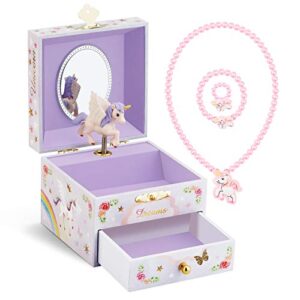 rr round rich design kids musical jewelry box for girls with drawer and jewelry set with brave unicorn - beautiful dream tune purple