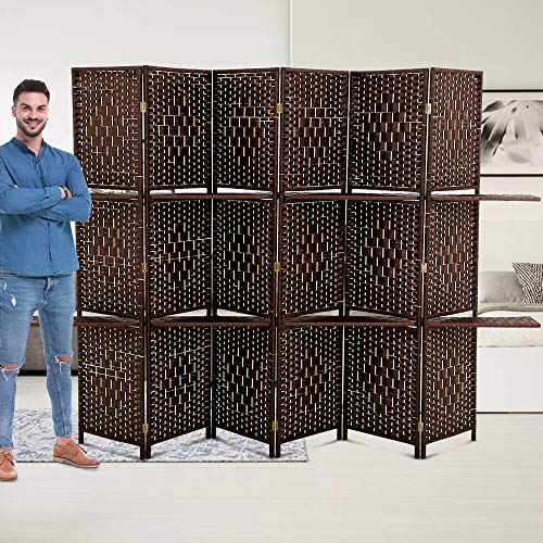 Room Dividers and Folding Privacy Screens 6 Panel 70.6 Inch Tall Portable Room Seperating Divider w/ 2 Display Shelves Solid Wood Room Partitions Freestanding for Home, Office, Restaurant