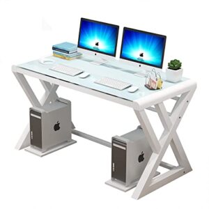 na glass computer desk with metal frame, home office desks computer table modern simple office study gaming work writing desk table for home office, white (x-shape-55.1inch)