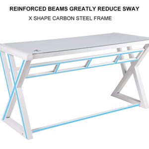 NA Glass Computer Desk with Metal Frame, Home Office Desks Computer Table Modern Simple Office Study Gaming Work Writing Desk Table for Home Office, White (X-Shape-55.1inch)