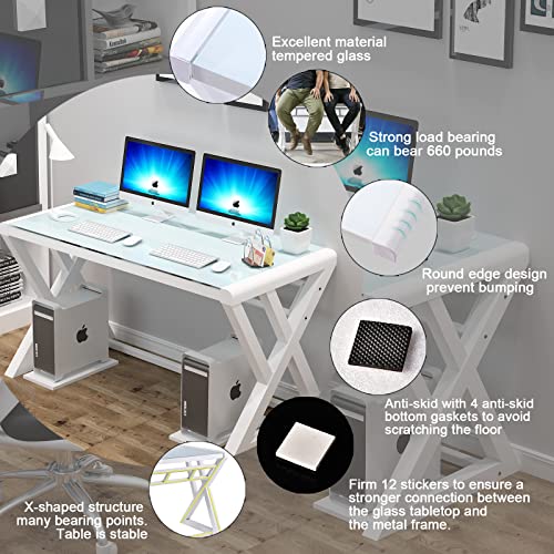 NA Glass Computer Desk with Metal Frame, Home Office Desks Computer Table Modern Simple Office Study Gaming Work Writing Desk Table for Home Office, White (X-Shape-55.1inch)