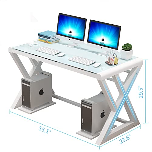 NA Glass Computer Desk with Metal Frame, Home Office Desks Computer Table Modern Simple Office Study Gaming Work Writing Desk Table for Home Office, White (X-Shape-55.1inch)