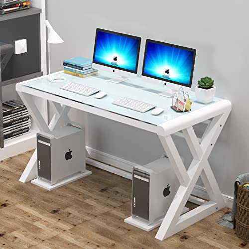 NA Glass Computer Desk with Metal Frame, Home Office Desks Computer Table Modern Simple Office Study Gaming Work Writing Desk Table for Home Office, White (X-Shape-55.1inch)