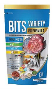 a.d.p. fish booster bits variety all discus & tropical fish food mini slow sinking pellets grow faster & color enhancing high protein 47% for goldfish & aquarium tropical fish 60 g. small fish feed