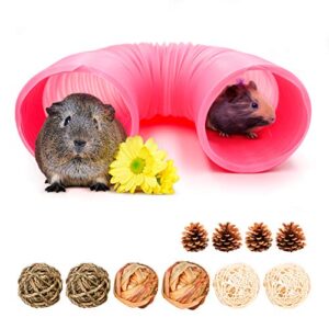 small animal play tunnel with 6 pack activity play balls, collapsible plastic pet hideaway fun tunnel toy guinea pigs tube for chinchillas rats gerbils hamsters and dwarf rabbits(pink+6 balls)