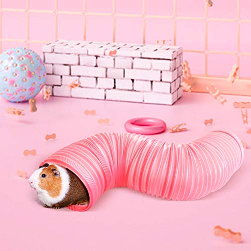 Small Animal Play Tunnel with 6 Pack Activity Play Balls, Collapsible Plastic Pet Hideaway Fun Tunnel Toy Guinea Pigs Tube for Chinchillas Rats Gerbils Hamsters and Dwarf Rabbits(Pink+6 Balls)