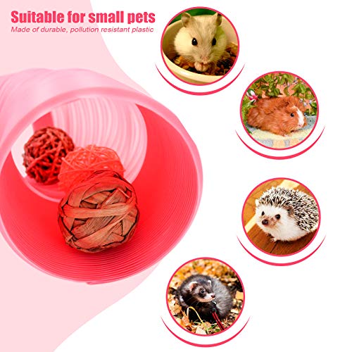 Small Animal Play Tunnel with 6 Pack Activity Play Balls, Collapsible Plastic Pet Hideaway Fun Tunnel Toy Guinea Pigs Tube for Chinchillas Rats Gerbils Hamsters and Dwarf Rabbits(Pink+6 Balls)