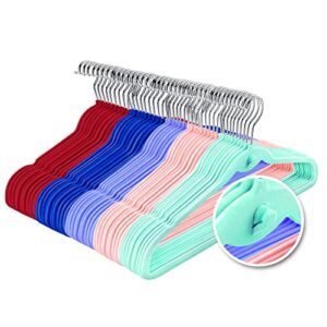 multi-color premium velvet hangers with mini hooks, pack of 50, non slip, space saving cascading clothes hangers, 5 colors, pink, lavender, navy blue, red burgundy and mint green