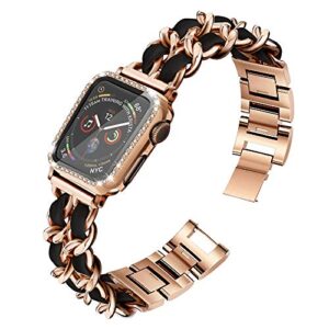 Mosonio Compatible for Apple Watch Band 44mm with Screen Protector Case Women, Jewelry Bracelet Metal Strap with 2-Pack Bling Case Cover for 44mm iWatch Series 6 5 4(Rose Gold Link with Black Leather)