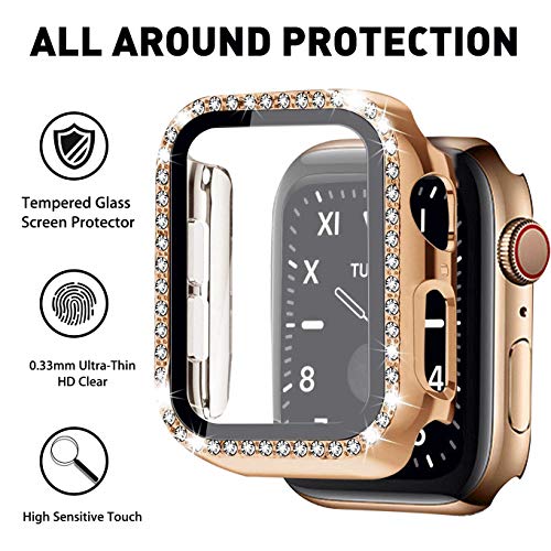 Mosonio Compatible for Apple Watch Band 44mm with Screen Protector Case Women, Jewelry Bracelet Metal Strap with 2-Pack Bling Case Cover for 44mm iWatch Series 6 5 4(Rose Gold Link with Black Leather)