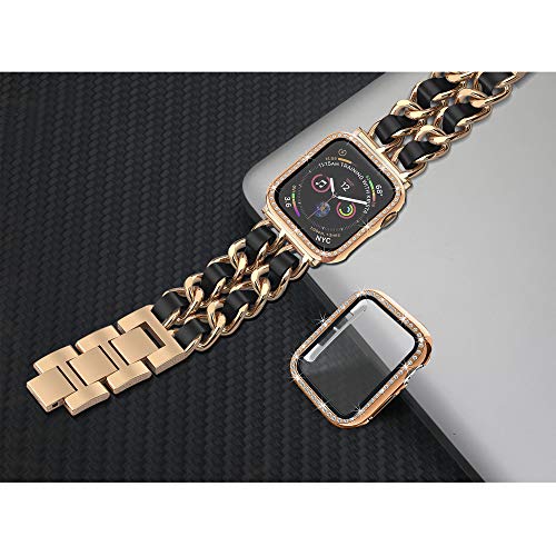 Mosonio Compatible for Apple Watch Band 44mm with Screen Protector Case Women, Jewelry Bracelet Metal Strap with 2-Pack Bling Case Cover for 44mm iWatch Series 6 5 4(Rose Gold Link with Black Leather)