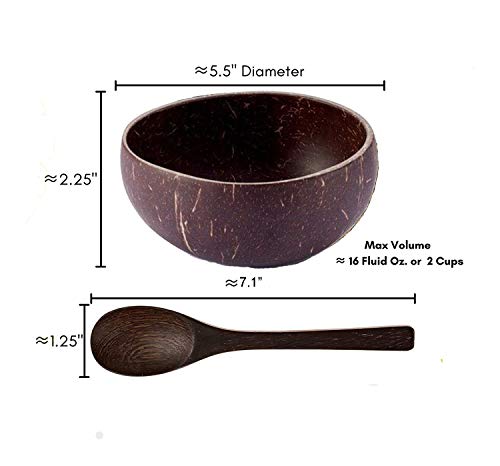 CLAYNIX 4 Coconut Bowls Serving Smoothie Bowl and Spoon Gift Natural Handmade Polish with Coconut Oil, Durable for Vegans Breakfast, Serving, Acai Bowl , Party Ice Cream Cereal (4, Polished)