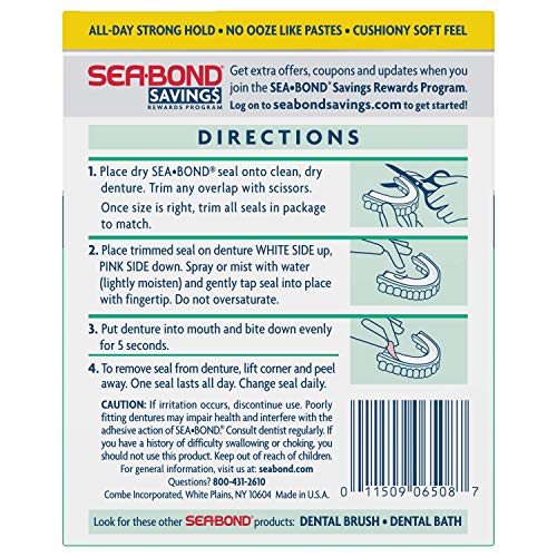 Sea-Bond Secure Denture Adhesive Seals, Fresh Mint Lowers, Zinc-Free, All-Day-Hold, Mess-Free, 30 Count (Pack of 4)