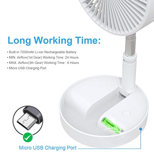 Portable Foldable Cordless Fan Rechargeable, Portable Pedestal Fan Foldaway Standing Fan Desk and Floor Fan Wireless with 7200Mah Battery Operated Standing Fan for Home Kitchen Outdoor Camping (White)