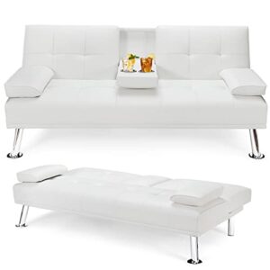 giantex convertible futon sofa bed, faux leather sectional couch sleeper, removable armrests 2 cup holders backrest adjustable, upholstered small guest bed for apartment living room white
