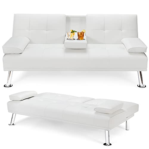 Giantex Convertible Futon Sofa Bed, Faux Leather Sectional Couch Sleeper, Removable Armrests 2 Cup Holders Backrest Adjustable, Upholstered Small Guest Bed for Apartment Living Room White