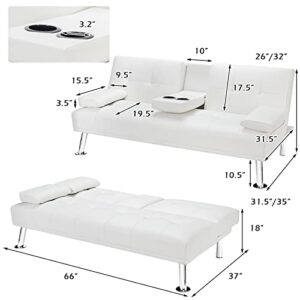 Giantex Convertible Futon Sofa Bed, Faux Leather Sectional Couch Sleeper, Removable Armrests 2 Cup Holders Backrest Adjustable, Upholstered Small Guest Bed for Apartment Living Room White