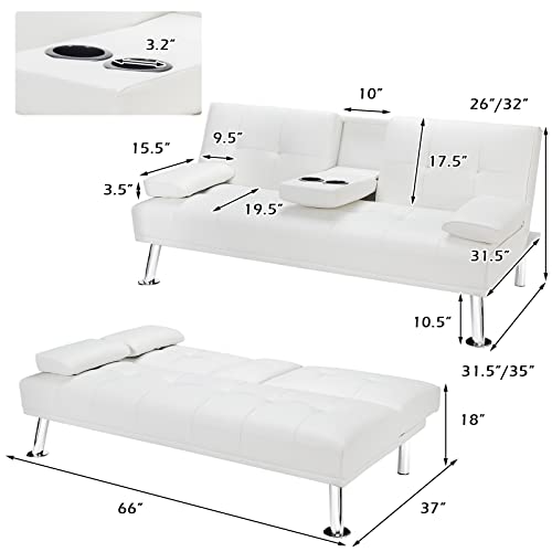 Giantex Convertible Futon Sofa Bed, Faux Leather Sectional Couch Sleeper, Removable Armrests 2 Cup Holders Backrest Adjustable, Upholstered Small Guest Bed for Apartment Living Room White