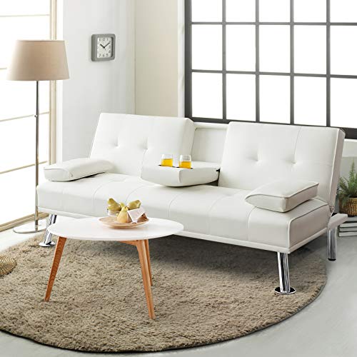 Giantex Convertible Futon Sofa Bed, Faux Leather Sectional Couch Sleeper, Removable Armrests 2 Cup Holders Backrest Adjustable, Upholstered Small Guest Bed for Apartment Living Room White