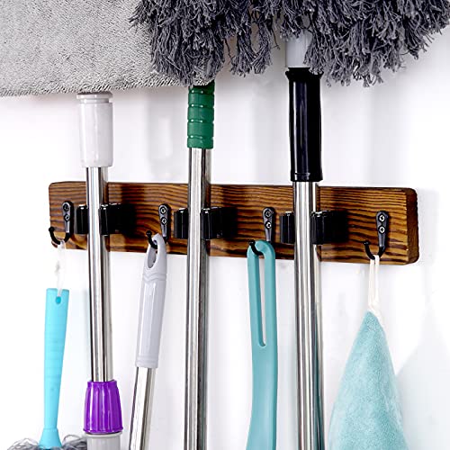 MG rack YF Mop and Broom Holder Wall Mount, Rustic Solid Wood Holder Garden and Kitchen Garage Tool Organizer Wall Hanger for Home Goods (3 Positions with 4 Hooks)