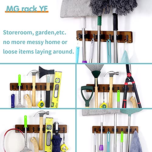 MG rack YF Mop and Broom Holder Wall Mount, Rustic Solid Wood Holder Garden and Kitchen Garage Tool Organizer Wall Hanger for Home Goods (3 Positions with 4 Hooks)