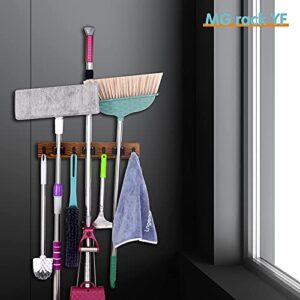 MG rack YF Mop and Broom Holder Wall Mount, Rustic Solid Wood Holder Garden and Kitchen Garage Tool Organizer Wall Hanger for Home Goods (3 Positions with 4 Hooks)