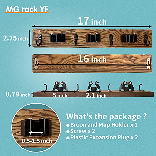 MG rack YF Mop and Broom Holder Wall Mount, Rustic Solid Wood Holder Garden and Kitchen Garage Tool Organizer Wall Hanger for Home Goods (3 Positions with 4 Hooks)