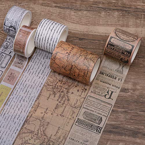 Knaid Vintage Washi Tape Set, Assorted 5 Rolls of Decorative Colored Masking Tapes for Scrapbooking, DIY Decor and Crafts, Bullet Journals, Planners, Junk Journal, Gift Wrapping
