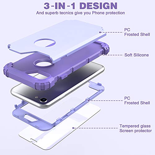 IDweel iPhone 6S Case, iPhone 6 Case with Tempered Glass Screen Protector, 3 in 1 Shock Absorption Heavy Duty Hard PC Covers Soft Silicone Full Body Protective Case for Women Girls,Purple