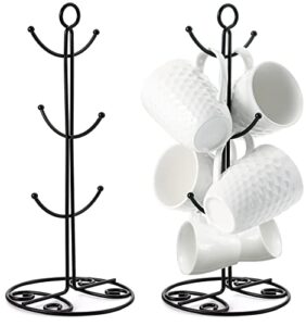 yesland 2 pack mug rack tree - metal black coffee mug tree for counter with 6 hooks - large kitchen countertop coffee cup holder stand & teacup storage rack for organizing & drying(flower pattern)