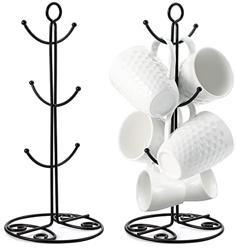 Yesland 2 Pack Mug Rack Tree - Metal Black Coffee Mug Tree for Counter with 6 Hooks - Large Kitchen Countertop Coffee Cup Holder Stand & Teacup Storage Rack for Organizing & Drying(Flower Pattern)