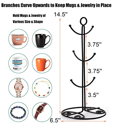 Yesland 2 Pack Mug Rack Tree - Metal Black Coffee Mug Tree for Counter with 6 Hooks - Large Kitchen Countertop Coffee Cup Holder Stand & Teacup Storage Rack for Organizing & Drying(Flower Pattern)