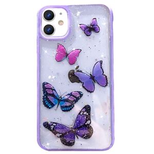 wzjgzdly butterfly bling clear case compatible with iphone 12 and iphone 12 pro 6.1 inch 2020, glitter case for women cute slim soft slip resistant protective - purple